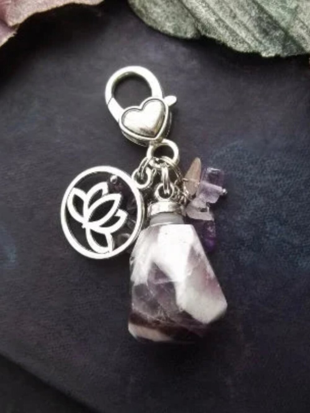 Amethyst Quartz Perfume Bottle Keychain Lotus Charm Locket Purse Charm